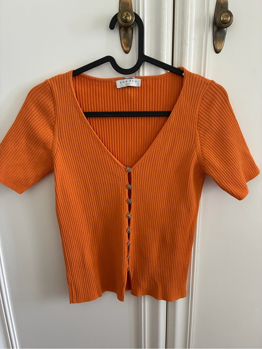 Sandro Orange Ribbed V-Neck Short Sleeve Button-Up Top